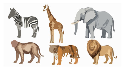 Watercolor safari animals set with zebra giraffe elephant tiger monkey and lion © Suchana