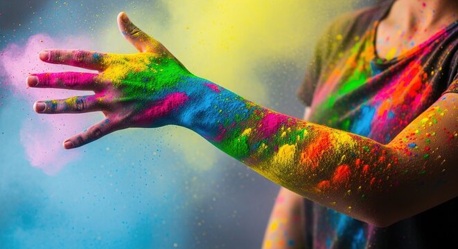 A person's hand covered in colorful powder against a vibrant background