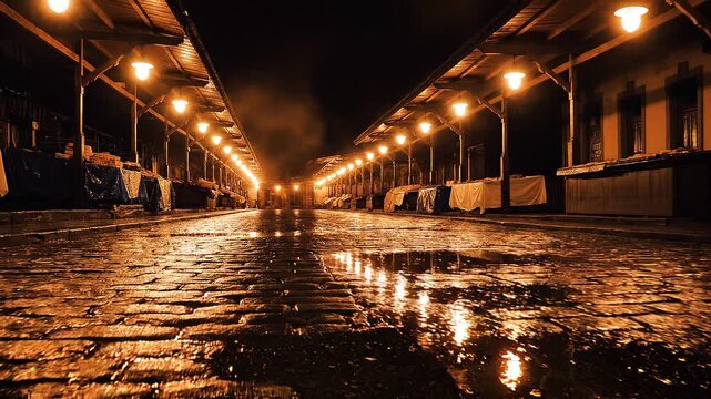 A dimly lit, wet cobblestone street at night with rows of overhead lights and industrial buildings on either side, reflecting off the wet surface.