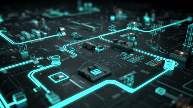 Abstract visualization of an electric vehicle supply chain, glowing data streams connecting lithium and rare earth mineral symbols to battery cells and electric motors, dark background with neon teal 