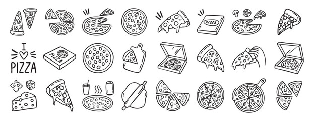 Fototapeta premium Pizza icons set collection doodle hand drawn icon. Outline drawing slice line clipart symbol.