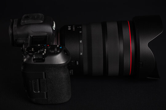 Professional Canon EOS R5 Mark II Mirrorless Camera with RF 24-70mm f/2.8L Lens on Black Background
