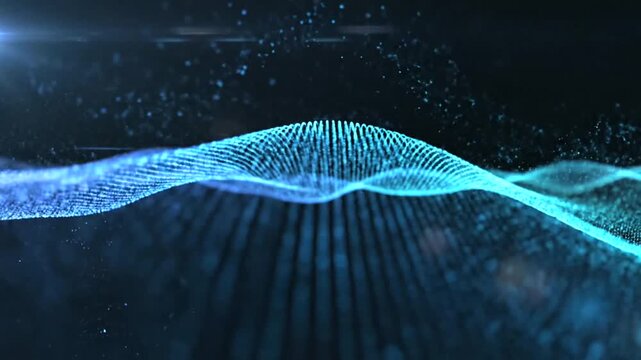 Digital wave abstract background with glowing blue particles and futuristic technology elements.