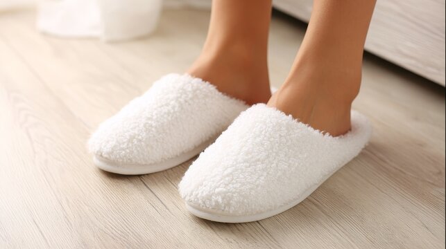 Close-up of woman in soft white slippers on light wooden floor, cozy home interior detail, minimalistic and comfortable lifestyle highlighting relaxation, comfort, and everyday indoor living