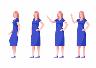 Fototapeta premium Four illustrations of a woman in a blue dress shown in different poses