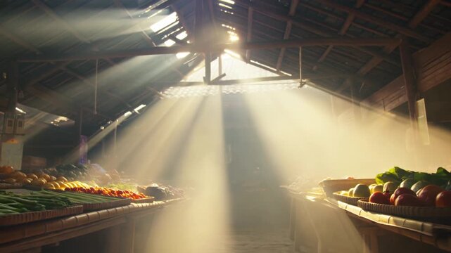 Dramatic rays of sunlight illuminate two wooden trays filled with various fruits and vegetables inside a rustic barn with an open roof.