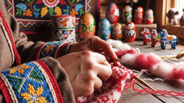 Woman hands knitting traditional Russian clothing.