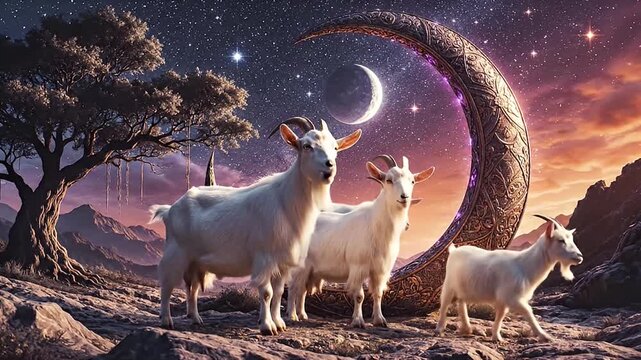 Mystical Three White Goats Under a Crescent Moon Sky with Stars and Mountains at Dusk