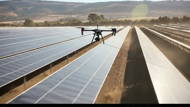 Drone inspecting solar panels in a large solar farm.