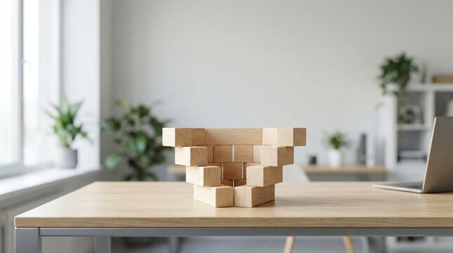 Wooden blocks stacked in an abstract asymmetrical pattern on a desk in a bright modern office