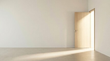 Fototapeta premium An open wooden door casts a bright light into an empty room with concrete floor