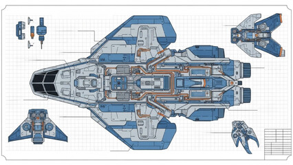 Detailed vehicle autocad blueprint diagram of a futuristic spacecraft from a top-down viewpoint showcasing technical design © Stock Image Paradise