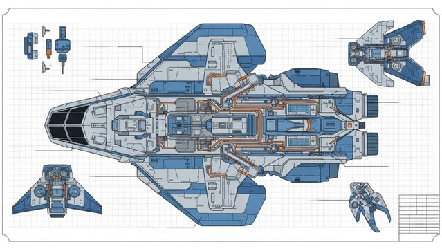 Detailed vehicle autocad blueprint diagram of a futuristic spacecraft from a top-down viewpoint showcasing technical design