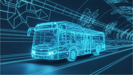 A futuristic bus driving on a highway, depicted in a detailed vehicle autocad blueprint, showcasing technology and transportation infrastructure in a digital environment. © Stock Image Paradise