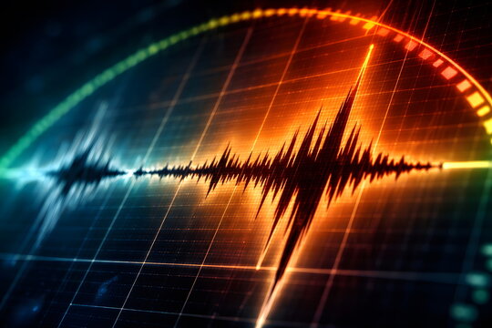 Seismic activity graph resembling the Richter scale displaying earthquake intensity and danger levels on a glowing digital interface.