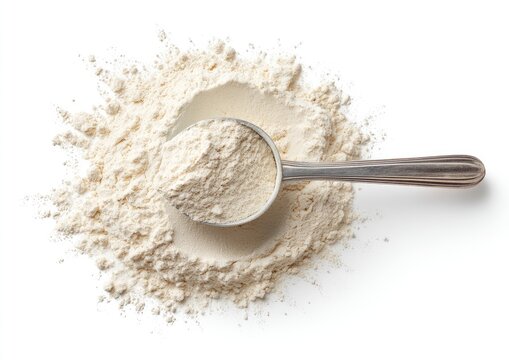 Overhead shot of a scoop overflowing with light powder on a white background