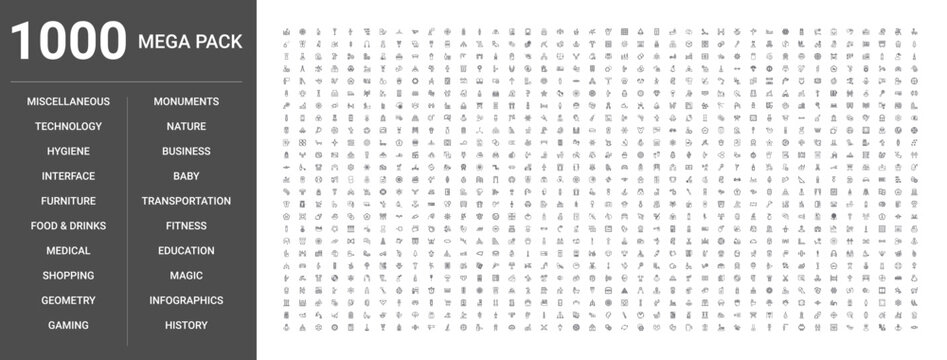 Set of 1000 thin line icons covering business, technology, medical, food, drinks, education, transportation, shopping, furniture, fitness, nature, gaming, history, monuments, infographics, geometry,
