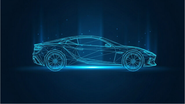 Detailed vehicle autocad blueprint of a sports car in a dark studio setting with blue neon lights