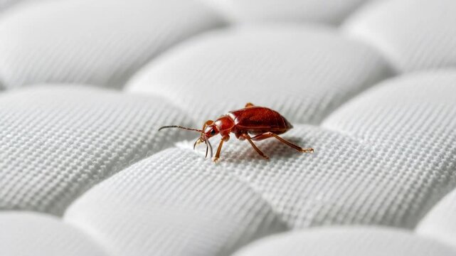 Close up of a bed bug moving on a white mattress. Pest infestation and parasite control concept for home hygiene and extermination service.