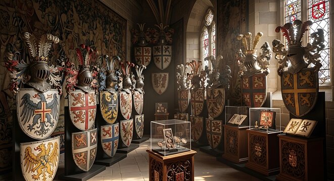 Historic armorial bearings and decorative helmets adorn the interior of a grand hall