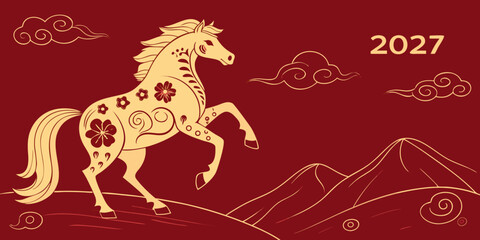 Decorative golden horse with floral patterns and mountain landscape illustration design		Graphic Resources	art