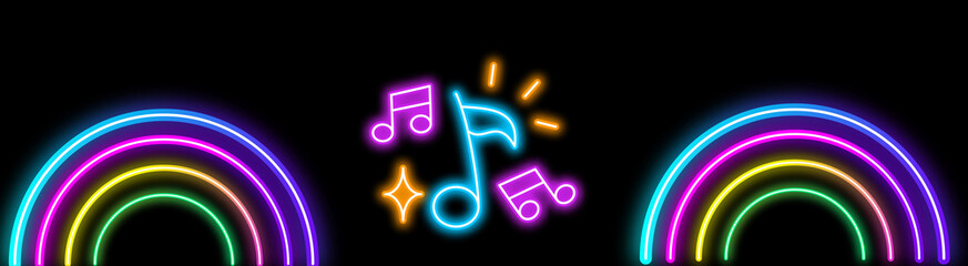 PNG image of Vibrant neon rainbow arches frame glowing music notes symbolizing sound and colorful joy in darkness © NURUN