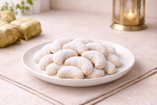 Indonesian putri salju powdered sugar cookies in festive Eid setting, traditional sweet treat for Ramadan and Lebaran celebration. Perfect for holiday banner, bakery promotion, menu, and packaging.