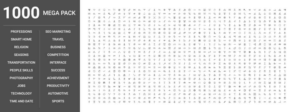 Set of 1000 thin line icons covering business, technology, sports, transportation, travel, productivity, photography, religion, professions, smart home, time, seasons, success, marketing, people