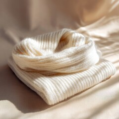 Folded white knitted scarf and blanket