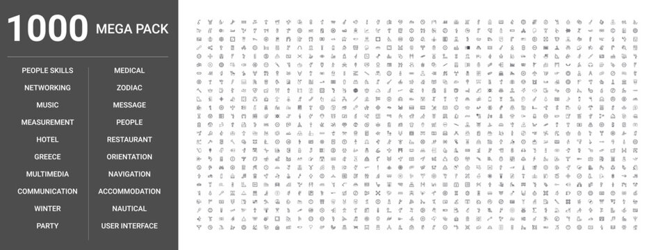 Set of 1000 thin line icons covering medical, music, hotel, party, zodiac, navigation, measurement, winter, Greece, nautical, message, people, networking, multimedia, accommodation, restaurant