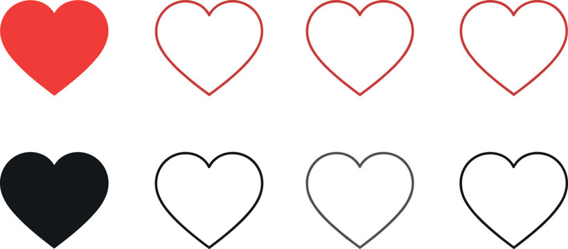 Heart Icon Set with Filled and Outline Love Symbols in Red Black and Gray