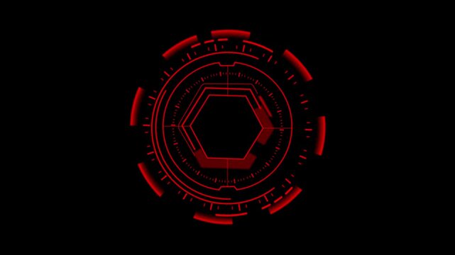 Futuristic red hexagon target with glowing concentric circles on black background digital technology abstract concept