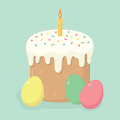 Easter cake with icing, candle, and coloured eggs. Easter holiday elements. Happy Easter vector illustration.