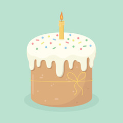 Easter cake with icing and candle. Easter holiday element. Happy Easter vector illustration.