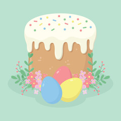 Easter cake with icing, coloured eggs and floral decoration. Easter holiday elements. Happy Easter vector illustration.