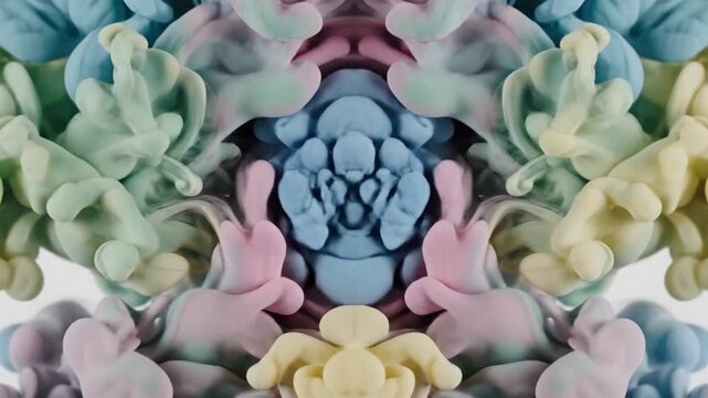 Symmetrical pastel colors swirl in abstract design suitable for backgrounds, posters, printables, digital art, and creative projects. Delicate, artistic, colorful, inspiring.