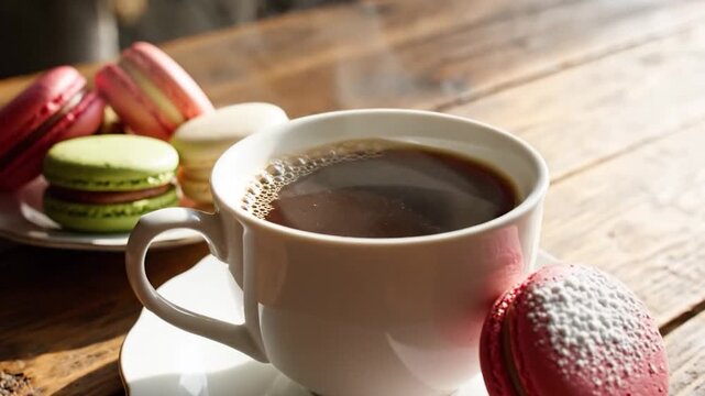 Steaming cup of hot black coffee with colorful macarons on a rustic wooden table