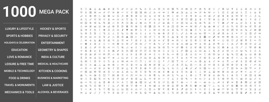 Set of 1000 thin line icons such as education, business, marketing, food, drinks, love, romance, entertainment, travel, monuments, sports, hobbies, law, justice, kitchen, cooking, medical, mobile