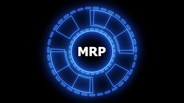 MRP Material Requirement planning Manufacturing Industry Business Process automation. Glowing blue neon line circle animation.4k animation motion graphics video.