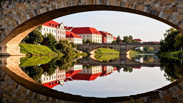 Stone bridge over calm river with red roofed buildings