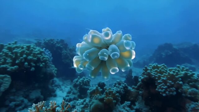 Underwater close up of sea squirts in a vibrant coral reef habitat with clear blue ocean water