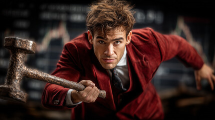 Intense Focus: A Determined Man: A determined man, embodies strength and focus, wielding a symbolic gavel in a financial market setting. This image conveys ambition and the pursuit of success.
