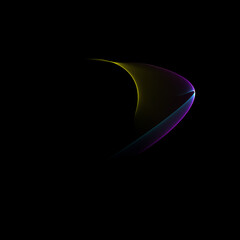Fototapeta premium Eclipsing neon crescent sail – luminous yellow, magenta and cyan light arc emerging from deep cosmic shadow on an infinite velvet black void