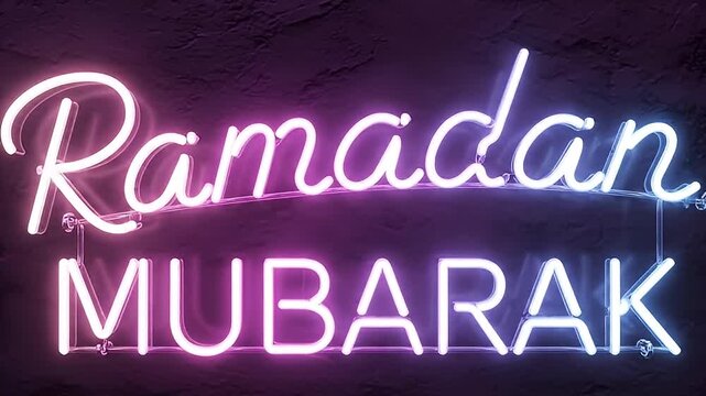 Ramadan Mubarak neon sign glowing in purple and pink on a textured wall, elegant calligraphy