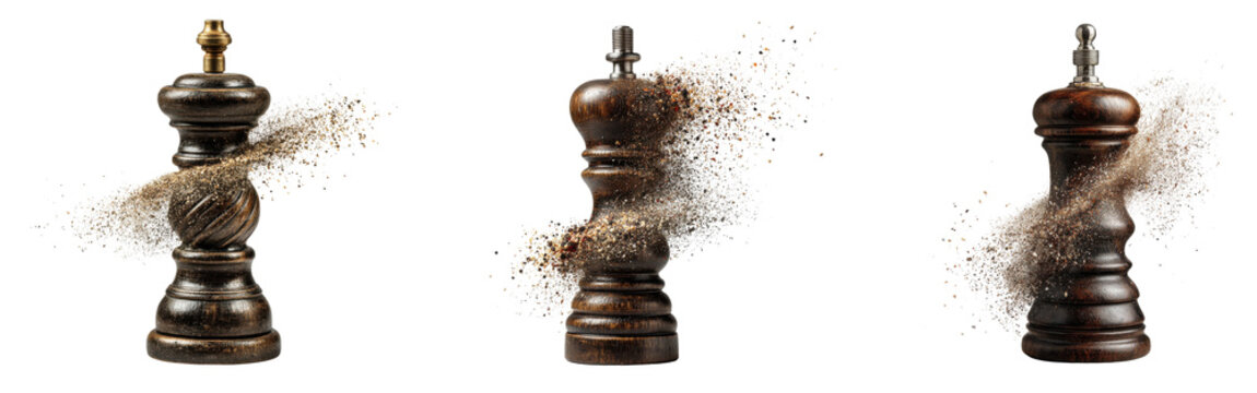 Three wooden pepper mills spilling pepper isolated on a white or transparent background