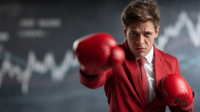 Corporate Combat: A sharp suited man with boxing gloves, embodying the combative spirit of the business world, ready to face market challenges.