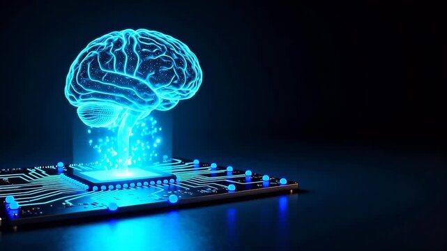 Blue glowing brain on circuit board