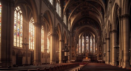 Obraz premium Vast interior of a grand religious building features high vaulted ceilings and bright stained glass illumination