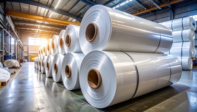FlyPro_Firefly large rolls of durable plastic sheeting and protective coverings, meticulously stacked vertically inside an industrial warehouse setting, captured in detail.
