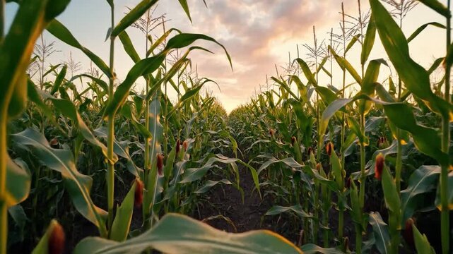 Low angle view through a lush green cornfield at sunset.